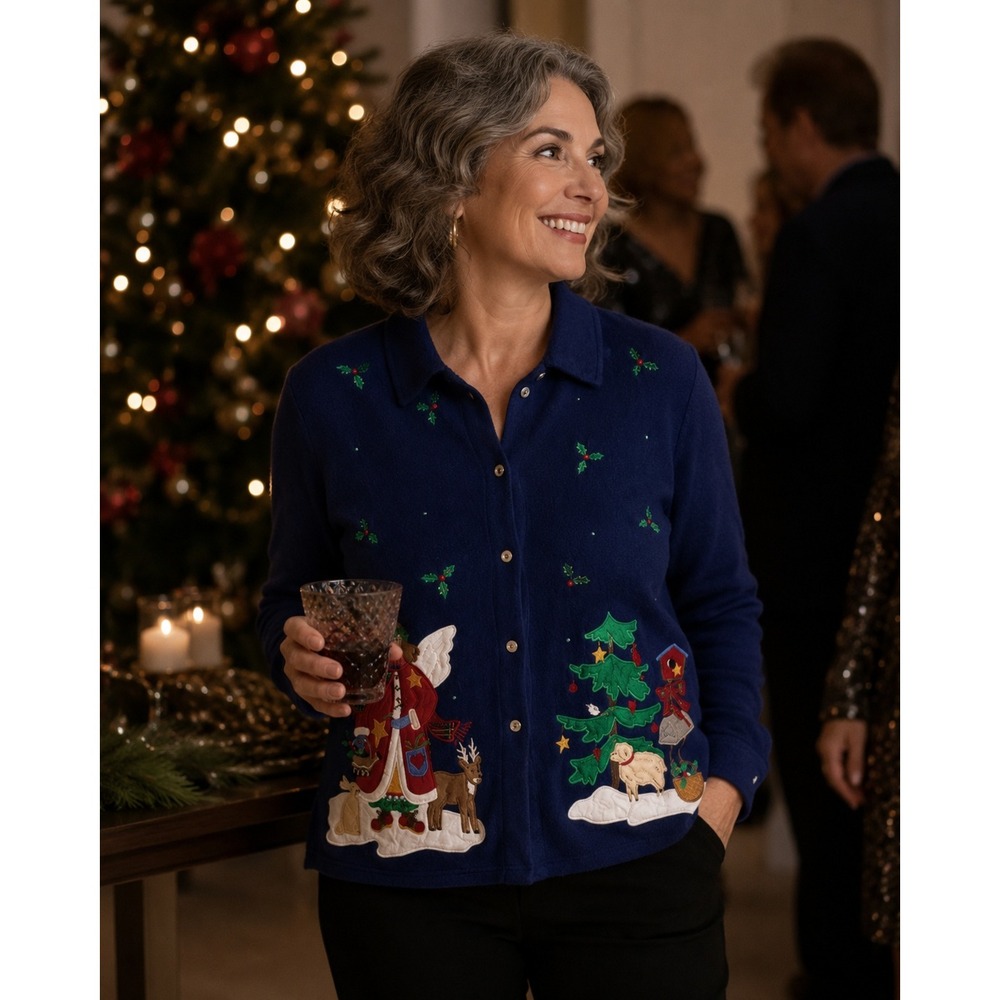 Quacker‎ Factory Blue Fleece Christmas Jacket Angel Tree Reindeer Plus 1X